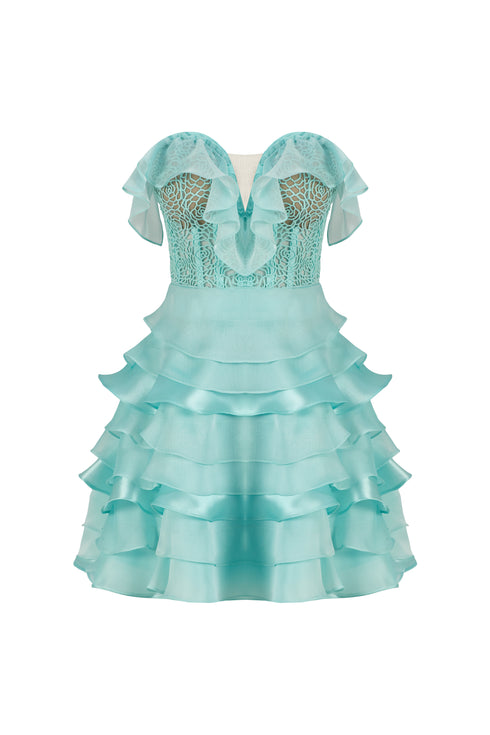 SHINY FRILL DETAILED LACE MINI DRESS